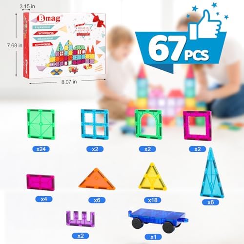 Bmag Magnetic Tiles, 67 PCS with 1 Car Building Blocks for Toddlers, 3D Magnet, STEM Educational Learning Building Blocks for Kids Children, Stacking Montessori Toys Gifts for Boys Girls - Image 5