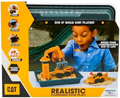 CAT Dig N’ Build Dirt Playset – 12 oz Moldable Dirt Compound, Working Crane, 2 Little Machines Vehicles, Construction Molds & Easy-Cleanup Tray, Sensory STEM Toy for Kids Ages 3 + - Image 7
