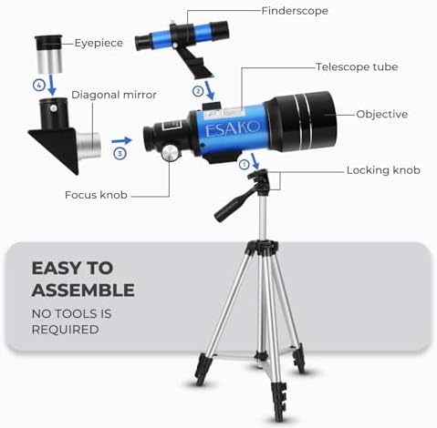 ESAKO Telescope for Kids & Beginners, 70mm Aperture Portable Telescopes with 3 Eyepieces, Height Adjustable Tripod & Phone Adapter & Remote Control Gift for Christmas - Image 6