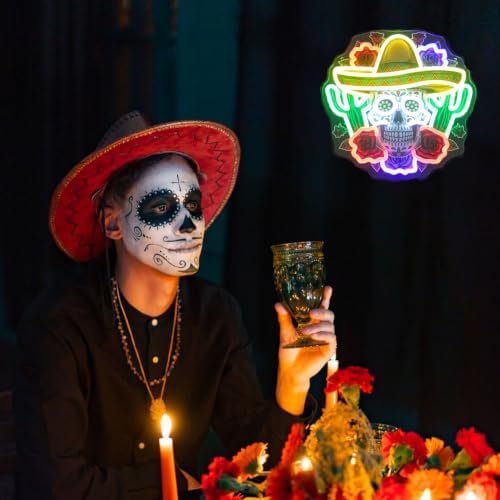 Mexican Sugar Skull Neon Light Sombrero Hat Cactus Roses LED Signs for Wall - Image 7