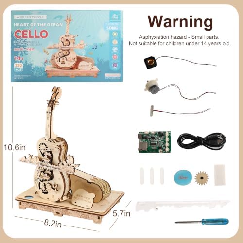 3D Wooden Cello Music Box Puzzle Kit, DIY Mechanical Model, Ages 14+(Batteries Need to be Purchased by Yourself) - Image 7