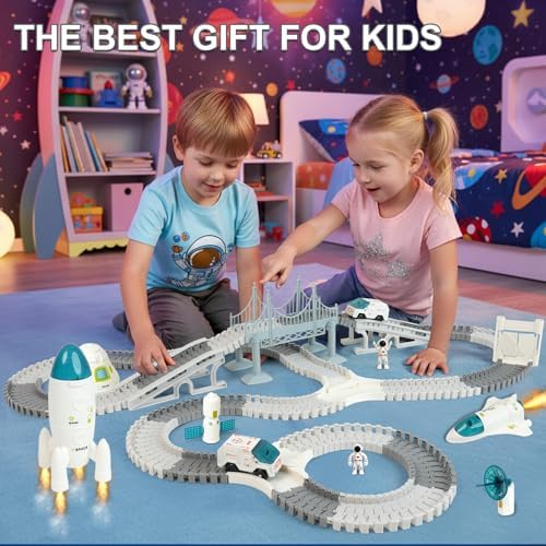 GIAT Race Car Tracks Set - Birthday Gift for 3 4 5 6 7 Year Old Boys, 290+ PCS Flexible Train Track Kit for Kids, Interactive Toy with Cars and Rocket - Image 6