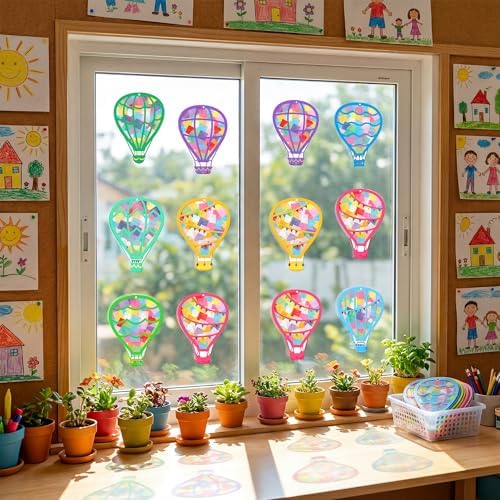 Renbuzhu 48PCS Back to School Crafts: Paper Hot Air Balloon Suncatchers DIY Kits, Summer Window Stained Glass Effect Art Supplies - Image 7