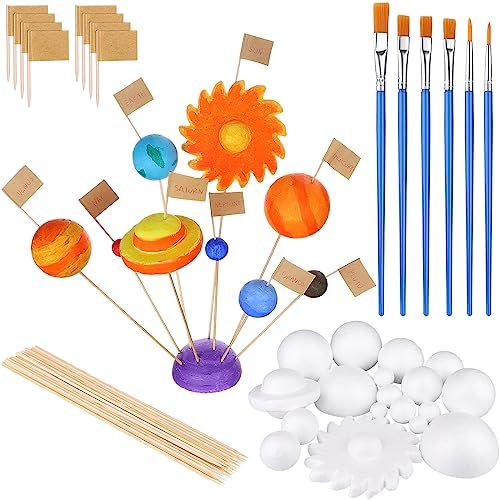 60 PCS Solar System Model Foam Ball Kit Includes 18 Mixed Sized Polystyrene Spheres Balls,18 Pieces Long Bamboo Sticks, 18 pieces Toothpick Flag, and 6 Pcs Painting Brushes for School Science Projects - Image 7