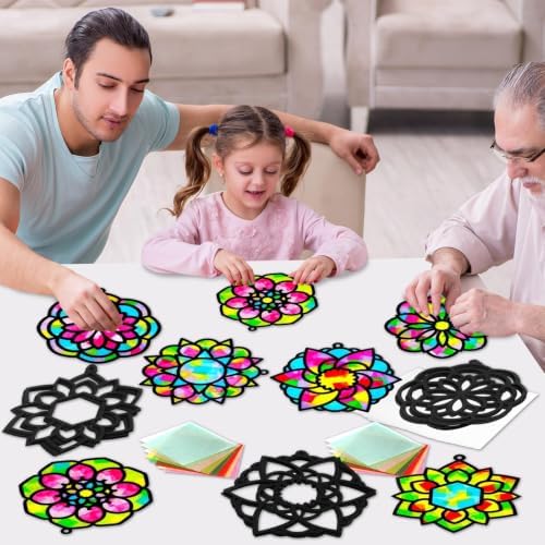 Qyeahkj 36 Set Mandala Suncatchers Crafts for Kids DIY Mandala Window Tissue Paper Craft Kit Art Flower Hanging Decor for Summer Home Activity Art Project Birthday Party Favor Gift - Image 7