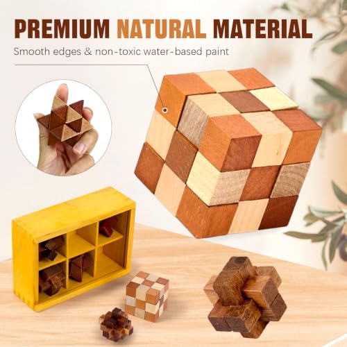 VolksRose 6pcs Wooden Brain Teaser Puzzles, IQ Challenge Puzzle Games, Logic Smart Mind Puzzle Box Lock Toy Removing Assembling 3D Small Puzzle Gift Set for Adults Teenagers Kids, 1.8inch 4.5cm - Image 7