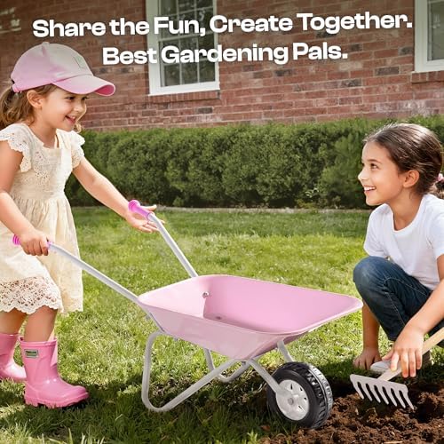 ROBUD Kids Wheelbarrow with Gardening Tools Set-9pcs Metal Toddler Wheelbarrow, Garden Tools, Watering Can, Plant Labels– Child Outdoor Toy for Ages 3+, Christmas Birthday Gifts for Boys Girls(Pink) - Image 7