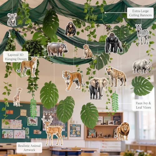 63 Pcs Back to School Jungle Safari Hanging Ceiling Decoration 24" x 13ft Green Banner Artificial Plant Vines Plant Leaf Garland Animal Cardboard Ornament with Rope for Class Party Decor - Image 6