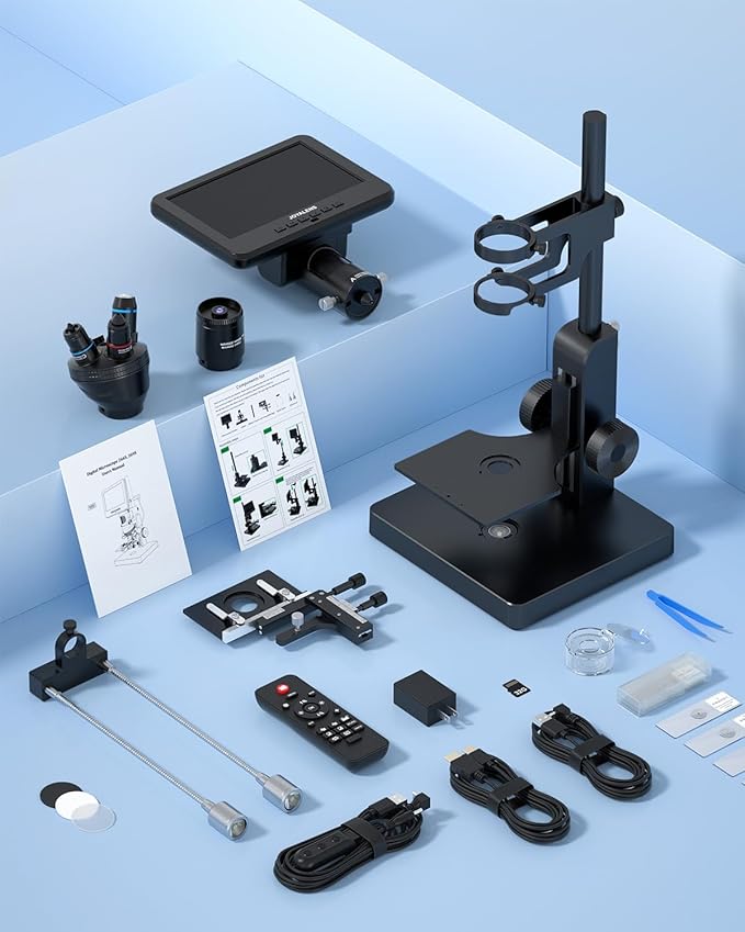 JL266S 5 Lens HDMI Digital Microscope 5000X, 24MP Biological Microscope for Adults Kids Home Lab, Coin Microscopes Full View with 7'' Screen, Windows PC Compatible, 32GB Card