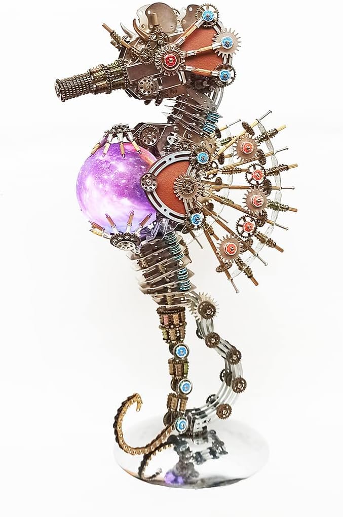 Meatalkitor 3D Puzzle Steampunk Seahorse Lamp - 2100PCS Metal Mechanical Model Kit with 16 Color Planet Light - Perfect Room Decor and Gift Choice (Planet LAMP)