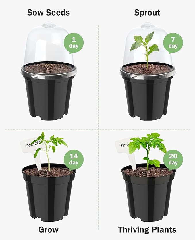 homenote Nursery Pots for Plants,5 Inch Plant Pot for Planting with Humidity Domes Plastic Seedling with Drainage Holes Seed Starter Flower with 10 Labels Black (15 Pack)
