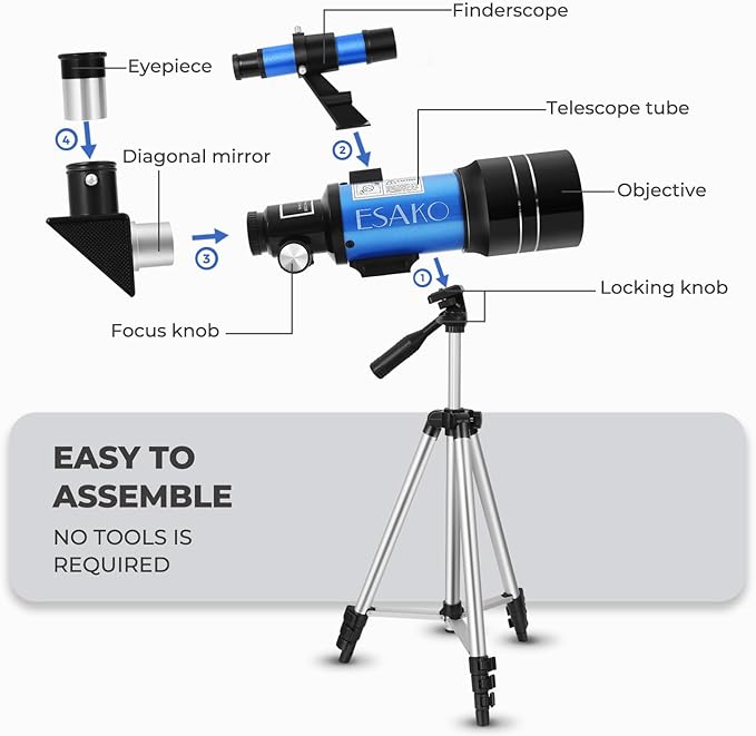ESAKO Telescope for Kids & Beginners, 70mm Aperture Portable Telescopes with 3 Eyepieces, Height Adjustable Tripod & Phone Adapter & Remote Control Gift for Christmas