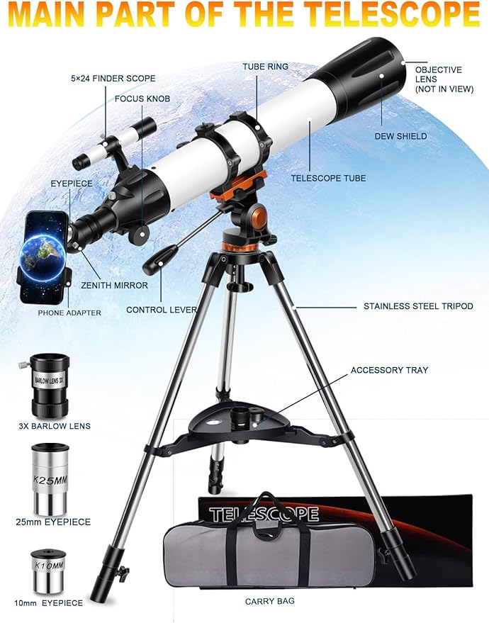 Telescope for Adults High Powered 90mm Aperture 800mm(32X-240X),Refractor Telescopes for Astronomy Beginners with AZ Mount Tripod,Phone Adapter,Carry Bag