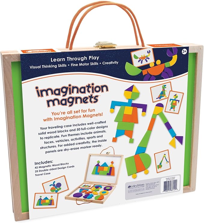 MindWare Imagination Magnets Wooden Pattern Blocks Set - Imaginative Play with magentic Shapes in a Carrying case - 42 Magnetic Solid Wooden Blocks, 50 Full-Color Laminated Puzzles