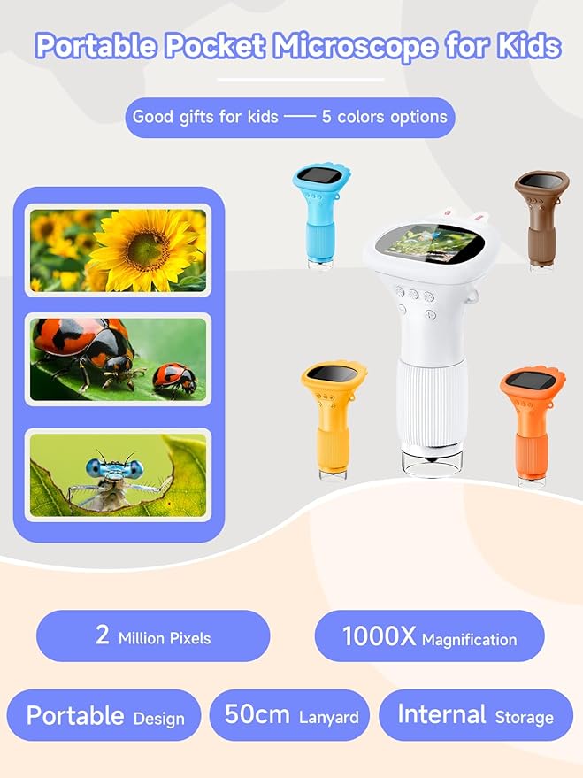 Microscope for Kids, 1000X Handheld Digital Miniscope with 2.0" Screen, Portable Pocket Microscope Education Toys Christmas Gifts for Age 3 4 5 6 7 8 9 10 Girls Boys