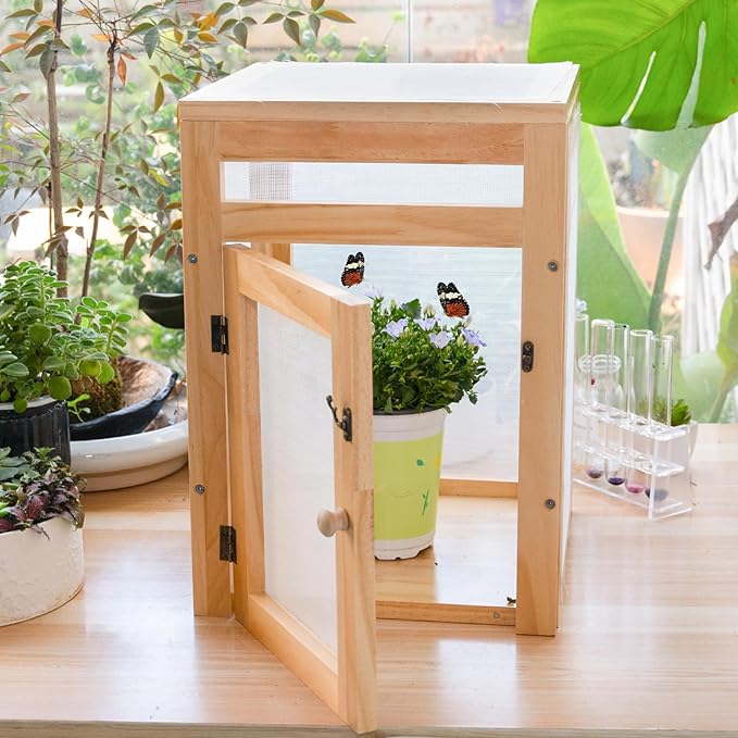 Butterfly Habitat Cage Kit - 15.7" Monarch Caterpillar House with Wooden Frame & Mesh Enclosure, Grow Tent for Hatching Butterflies, Kids Observation & Garden Insect Cages (Includes Guide)