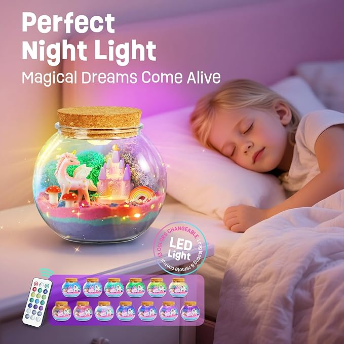 Unicorn Gifts for Girls - Light Up Terrarium Kit for Kids - DIY Unicorn Toys for Girls Age 4 5 6 7 8-12 Year Old, Arts and Crafts Kit for Kids, Christmas Halloween Birthday Gifts