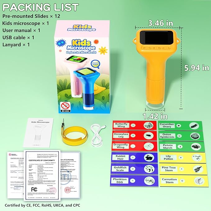 Microscope for Kids with 12 Slides, Digital Handheld Kids Microscope, Mini Portable Pocket Miniscope Science Toys Gifts for 3+ 4 5 6 7 8 9 10 11 12 Year Old Boys Girls, Orange