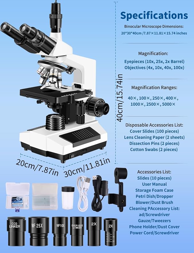 Microscopes for Adults WF10x and WF25x eyepieces Compound Microscope with Microscope Slides, Microscopes Kit for Kids Students Home School (Monocular Microscope with Big Bundle)