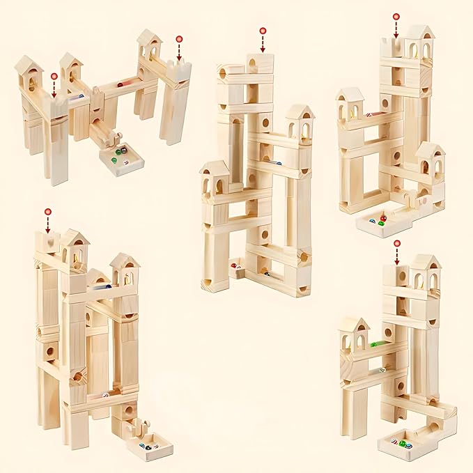 Wooden Marble Run for Kids Ages 4-8, 60 Pieces Wood Building Blocks Toys and Construction Play Set, Marble Track Maze Game STEM Learning Toys Gifts for Boys Girls