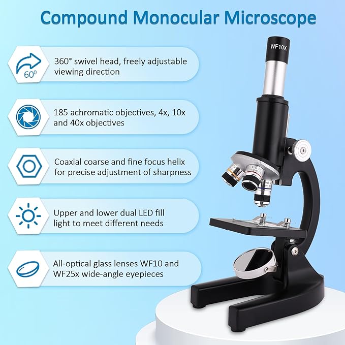 Microscope 40X-2000X Magnification, High Definition Wide Angle Eyepiece with Microscope Slide, Cell Phone Viewing, for Homeschool Labs