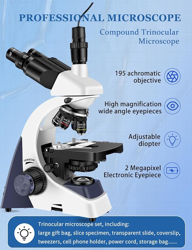 Microscope for Adults 40X-5000X Magnification Lab Grade with Dual Mechanical Stages and HD USB Camera Trinocular Microscope