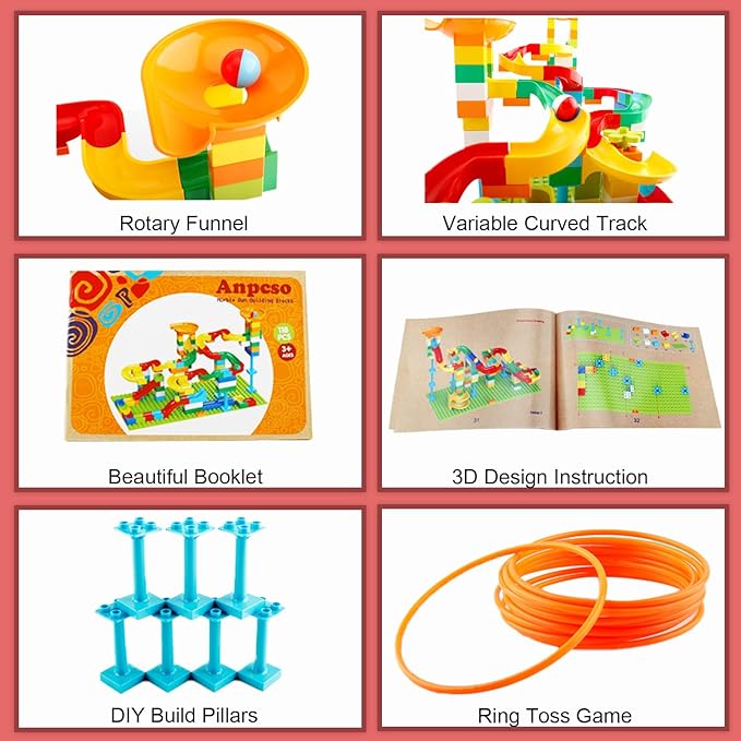 Marble Run Building Blocks for Kids Age 3-8, 128 Pcs STEM Building Bricks Set with Toss Ring Game, Educational Learning Toys for Toddlers Boys Girls Gifts- Compatible with All Major Brands