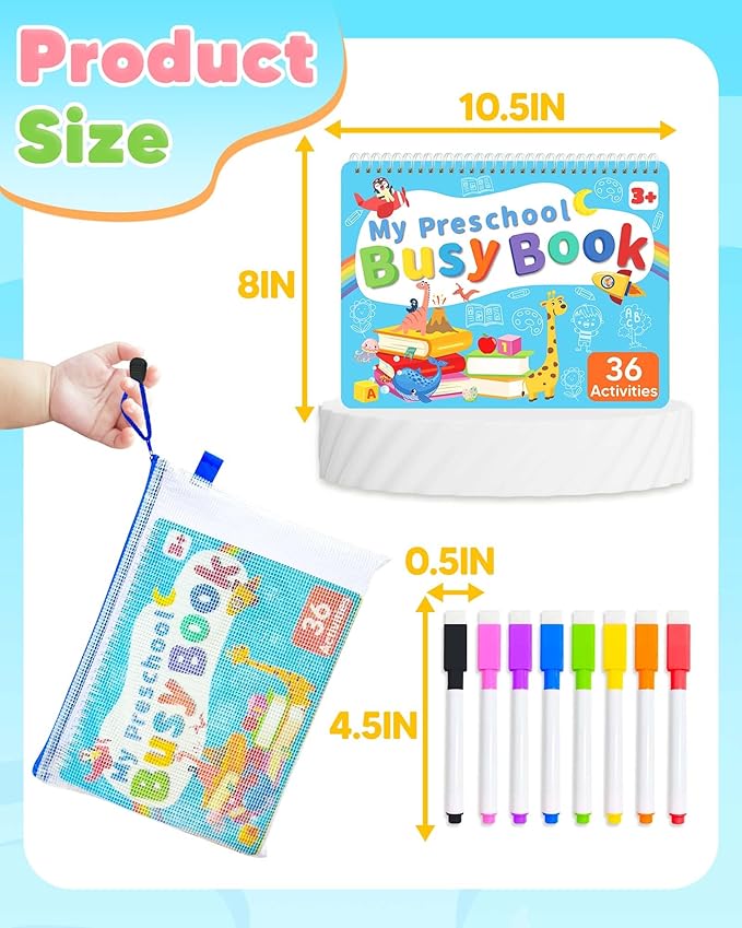 Toddler Busy Book Preschool Learning Activities, Montessori Educational Toys for 3 4 year old Boy Girl Gifts, Tracing Coloring Activity Books for Kids Ages 3-5, Autism Sensory Travel Toys for Toddlers
