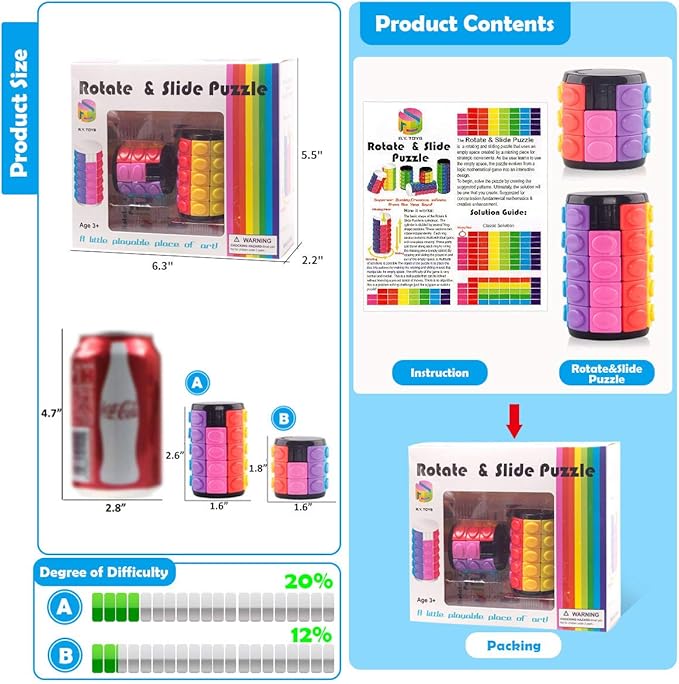 R.Y.TOYS Rotate and Slide Puzzle-Design Patent,Fidget Toys(Restore Order/Create Patterns) 8 Colors,3 and 5 Layers-Detach Piece for Quick Play,Brain Teaser,Sensory Toys Gifts,Stocking Stuffers