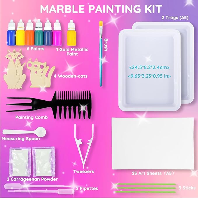 MOMUSE Marbling Paint Art Kit for Kids with Dual Trays, Passed Toxicology, Metallic Gold Water Marble Painting Kit, Creative Arts Crafts Kits for Kids Girls & Boys Ages 6 7 8 9 10, Birthday Gifts