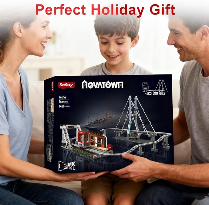 Sosuy Motorized Urban Railway Building Blocks Set, 1488+ Pcs Train Station with Tracks, Bridge & Control Station, Creative DIY STEM Toys Construction Kit, for Boys Teens Adults Men