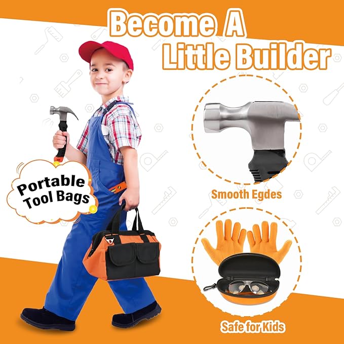 27-Piece Orange Kids Tool Set with Tool Storage Bag, Real Hand Tool Kit for Boys & Girls, Children Learning Tools for DIY Building, Woodworking and Construction, 6+ Years Old Birthday