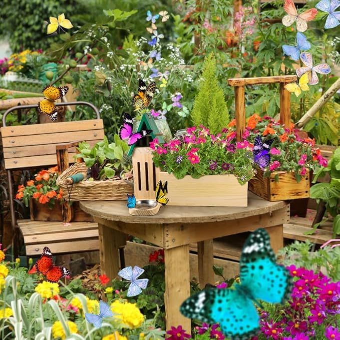 Picowe Butterfly House Wooden Butterfly Habitat Natural Butterfly Nesting Box Garden House with Feeder Hanging (Green, with Plant Holder)