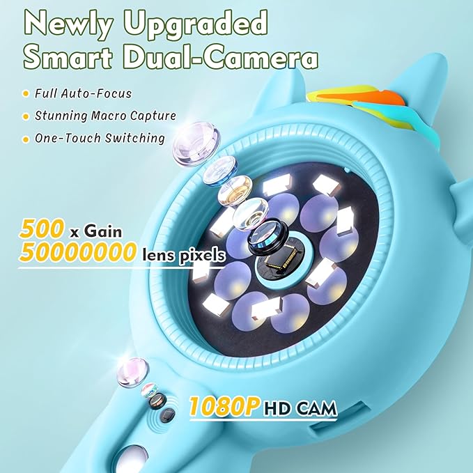 Kids Microscope- 500x Magnification,16X Zoom,Handheld Microscope for Kids with HD Cam,Portable Science Learning Tool,Christmas Birthday Gifts for Boys Girls Aged 3-12 (Blue)