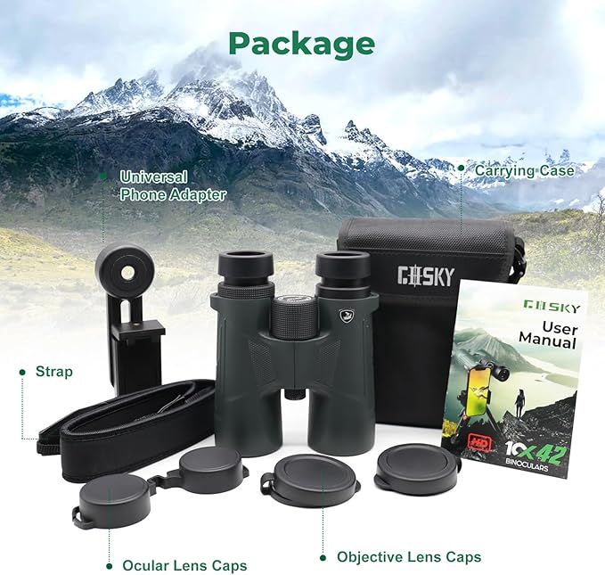 Gosky 10X42 HD Binoculars for Adults with Phone Adapter, High Power Binoculars with BAK4 Prism and FMC Lens, Waterproof Binocular for Bird Watching Hunting Traveling Outdoor Sports