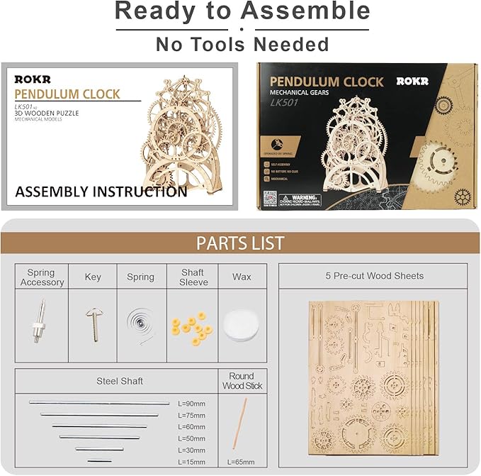 ROKR 3D Wooden Puzzles DIY Clock Kits for Adults to Build Wood Model Building Kit Unique Birthday Gift Pendulum Clock