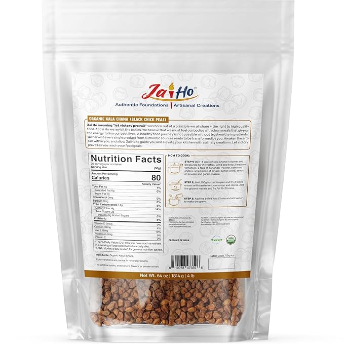 Jai Ho Certified Organic Kala Chana Whole 4 lb | Black Chick Peas | USDA Organic | Non-GMO | Chemical-Free | Premium Quality Kosher | 4 Lb (Kala Chana (Black Chick Peas))