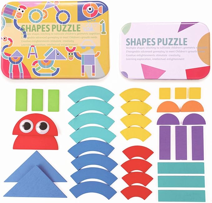 Ahyuan Wooden Pattern Blocks Geometric Animal Shapes Puzzles Guide Cards Brain Teaser Toys for Children Best STEM Educational Montessori Tangram Toys (Style B)
