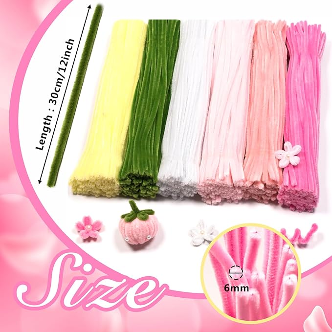 500 Pcs Pink Pipe Cleaners Craft for Flowers, Pastel Chenille Stems for DIY Art Projects Creative Gift(5 Colors), Pipe Cleaner Flower Kit with Floral Stems, Gardening Tape,Stamen& Pearls (Pink Flower)