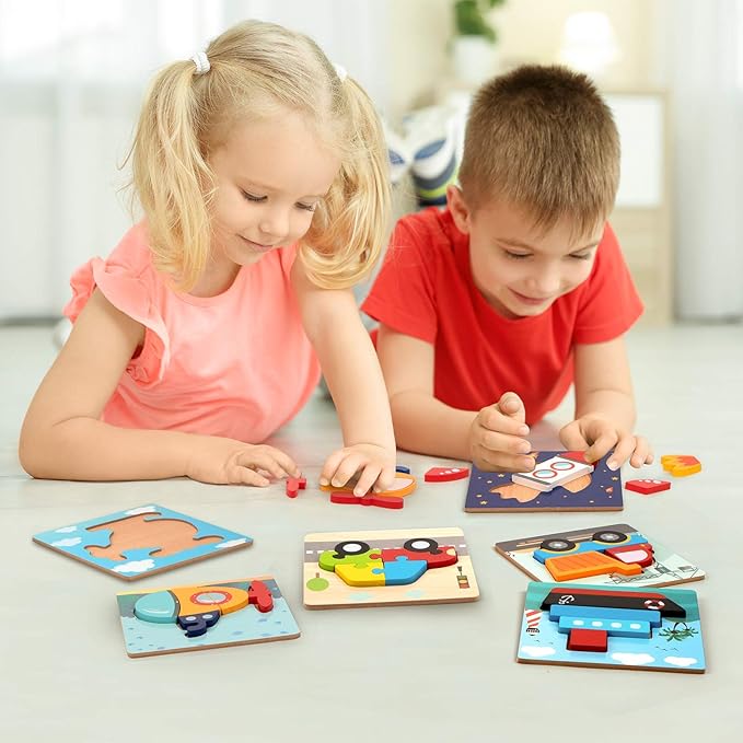 SYNARRY Wooden Vehicle Puzzles for 3 4 5 Years Old Boys Girls, Puzzles for Toddlers 3-5, Montessori Educational Toys Gifts with 6 Vehicles Transportation, Vibrant Color Shapes