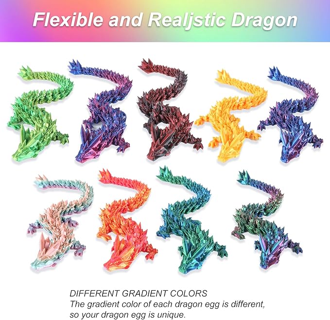 3pcs 12in 3D Printed Crystal Dragon,3D Printed Flexible Articulated Dragon,Home Office Decor Executive Desk Toys, Fidget Toys for Autism/ADHD