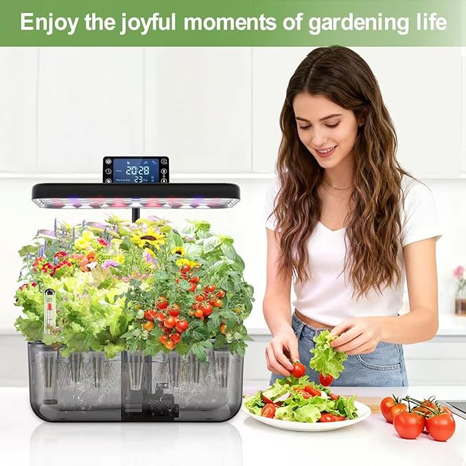 Hydroponic Growing System Kit with Operation Screen + 3 Free Seeds (Lettuce, Salad Mixed, Basil), 12 Pods Indoor Smart Gardening Herb Planter, 24W Full Spectrum LED Grow Light Growing System (Black)