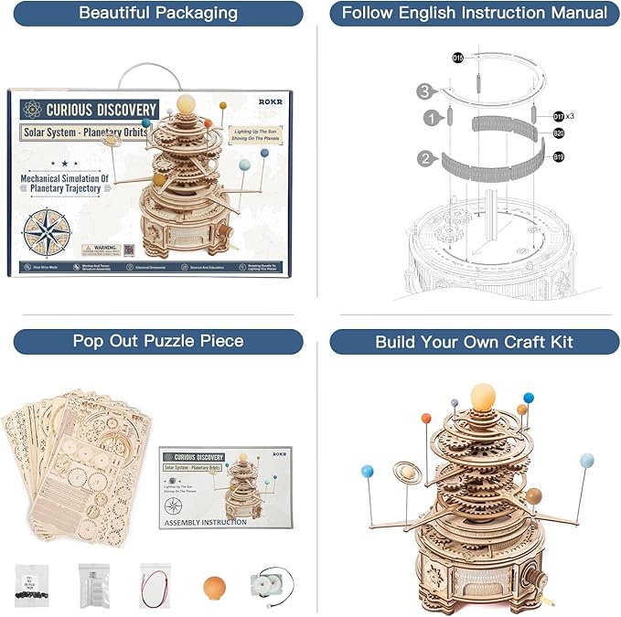 ROKR 3D Wooden Puzzles for Adults Huge Orrery Model - Toy Building Set Mechanical Puzzles 8 Orbiting Planets Unique Gifts for Men and Women