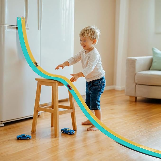 Flex Tracks 15 Ft for Kids Starter Set, Flexible Race Car Ramp Track with Suction Cups Compatible with Diecast 1/64th Cars for Ages 3 & Up (Daytona Blue & Yellow)
