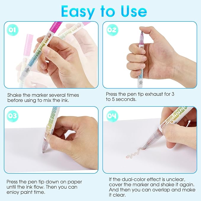 Shimmer Markers Glitter Outline Markers, 36 Colors Double Line Self-Outline Metallic Marker for kids Arts Crafts Gifts for 4-12 Year Old Girls Drawing, Birthday Card, DIY Crafts