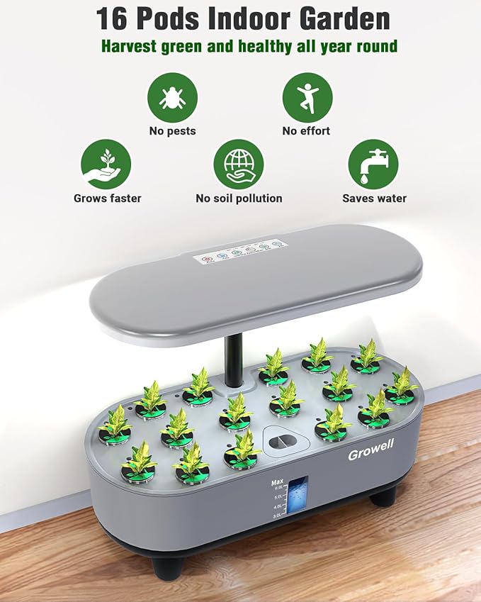 Hydroponics Growing System Kit, 16 Pods Indoor Garden with 28W Full Spectrum LED Grow Light, Auto Timer, 3 Smart Light Modes, 8L Large Herb Garden, Ideal Gardening Gift for Women, Men (Gray)