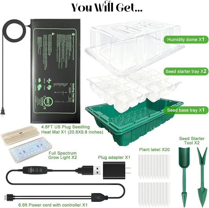 Seed Starter Tray with Grow Light and Heat Mat, Seed Starter Kit with Humidity Dome and Timing Controller, Adjustable Vent and Brightness, Ideal Germination Tray for Seed Starting and Seedling Growing