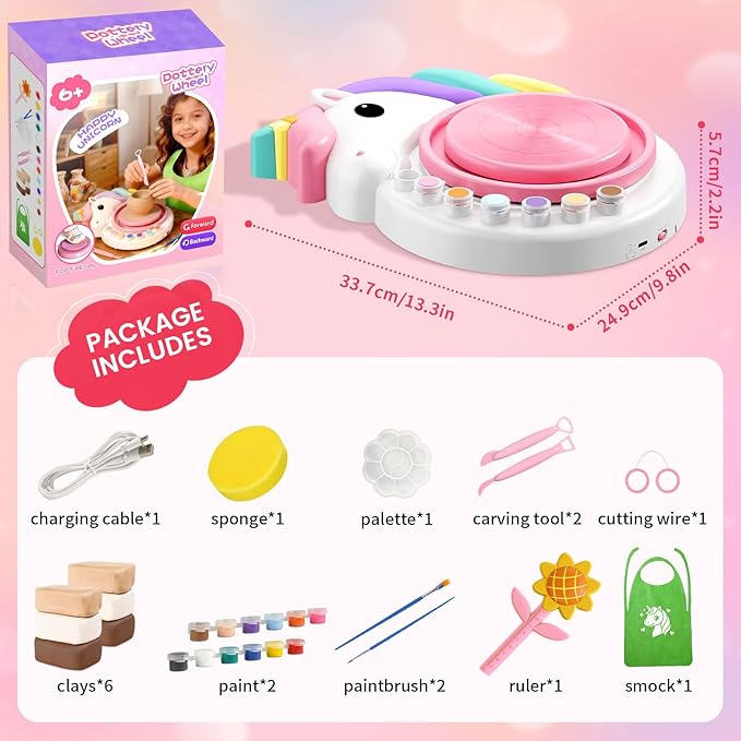 Unicorn Pottery Wheel for Kids – Arts & Crafts Kit for Kids Ages 6-12, Complete Pottery Art Supplies for Kid 9-12 with Air Dry Clay (6 Packs), Birthday, Christmas Gift for Kid Ages 6 7 8 9 10 11 12+