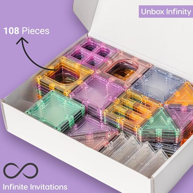 Magnetic Building Tiles; 108 Piece Palatial Set for Boys, Girls and Kids; Pastel Magnetic Building Tiles; Activity; Building Blocks; Toddler Toys; STEM; Children Ages 3 Years +