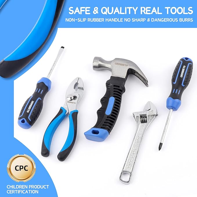 12-Piece Kids Tool Set with Tool Storage Bag, Junior Real Hand Tool Kit for Boys & Girls, Children Learning Tools for DIY Building and Woodworking, Age 8+